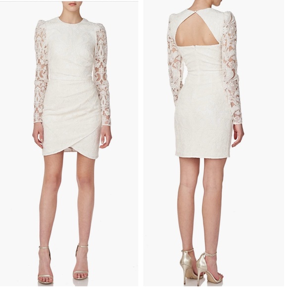 ML MONIQUE LHUILLIER Lace Cut Out Back Long Sleeve Dress NEW White Size 12 - Picture 1 of 16